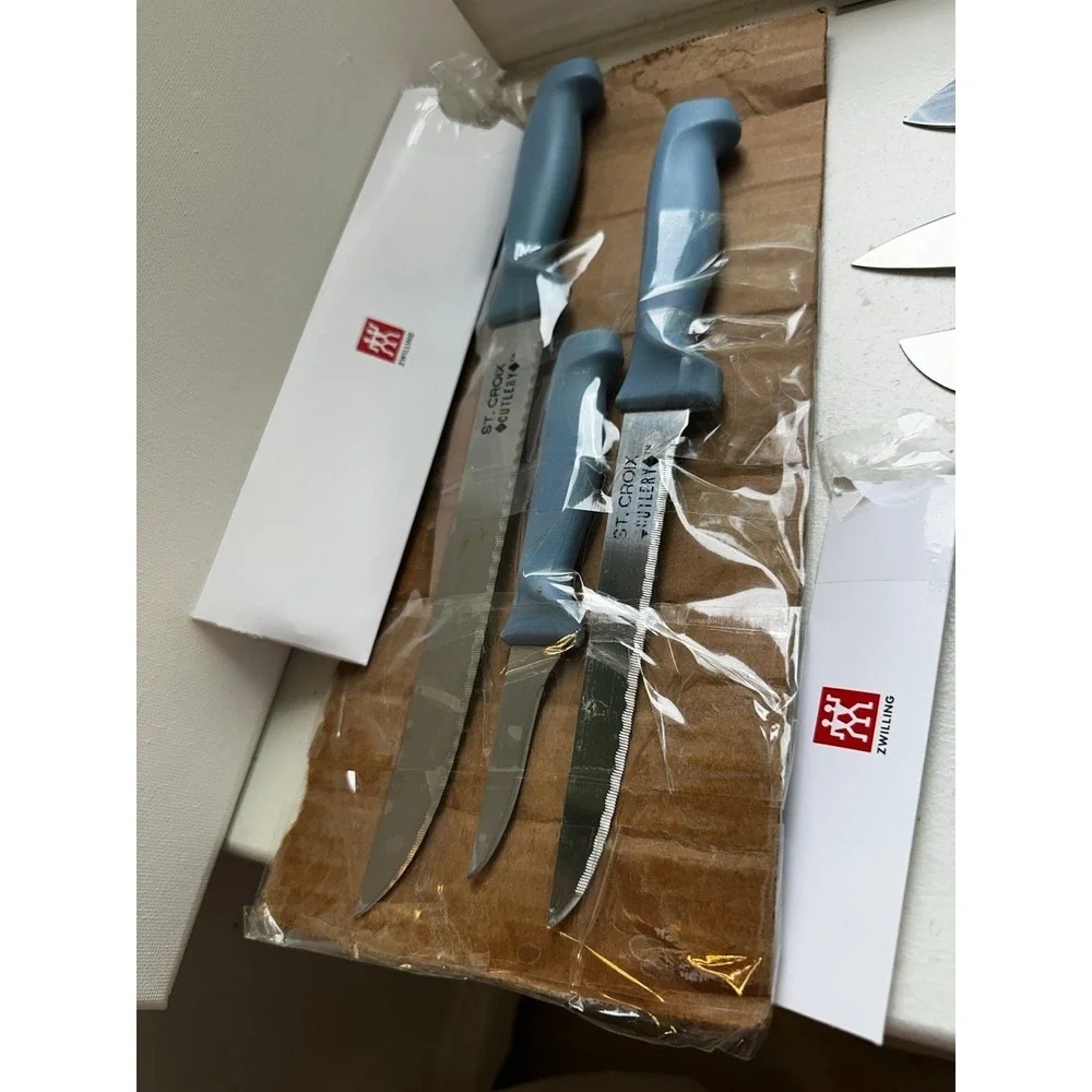 Set of 7 vintage St. Croix Cutlery kitchen knives knife blue handles